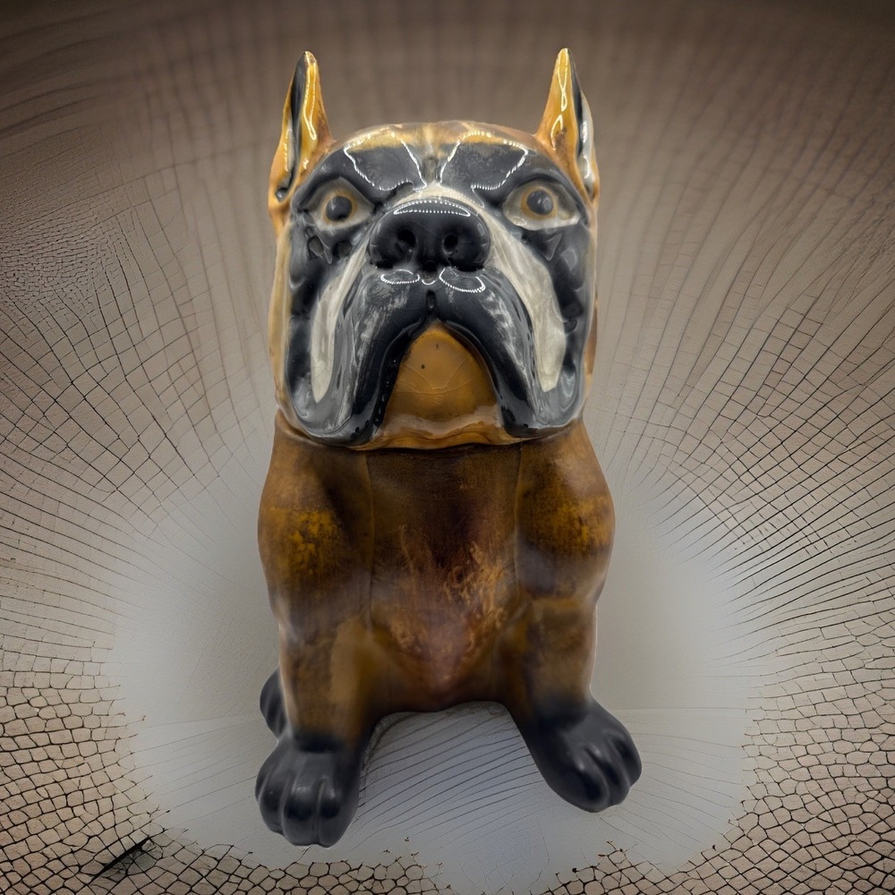 Vintage Hand Painted Leather Bulldog/boxer Cookie Treat Jar Canister 10" 1960s